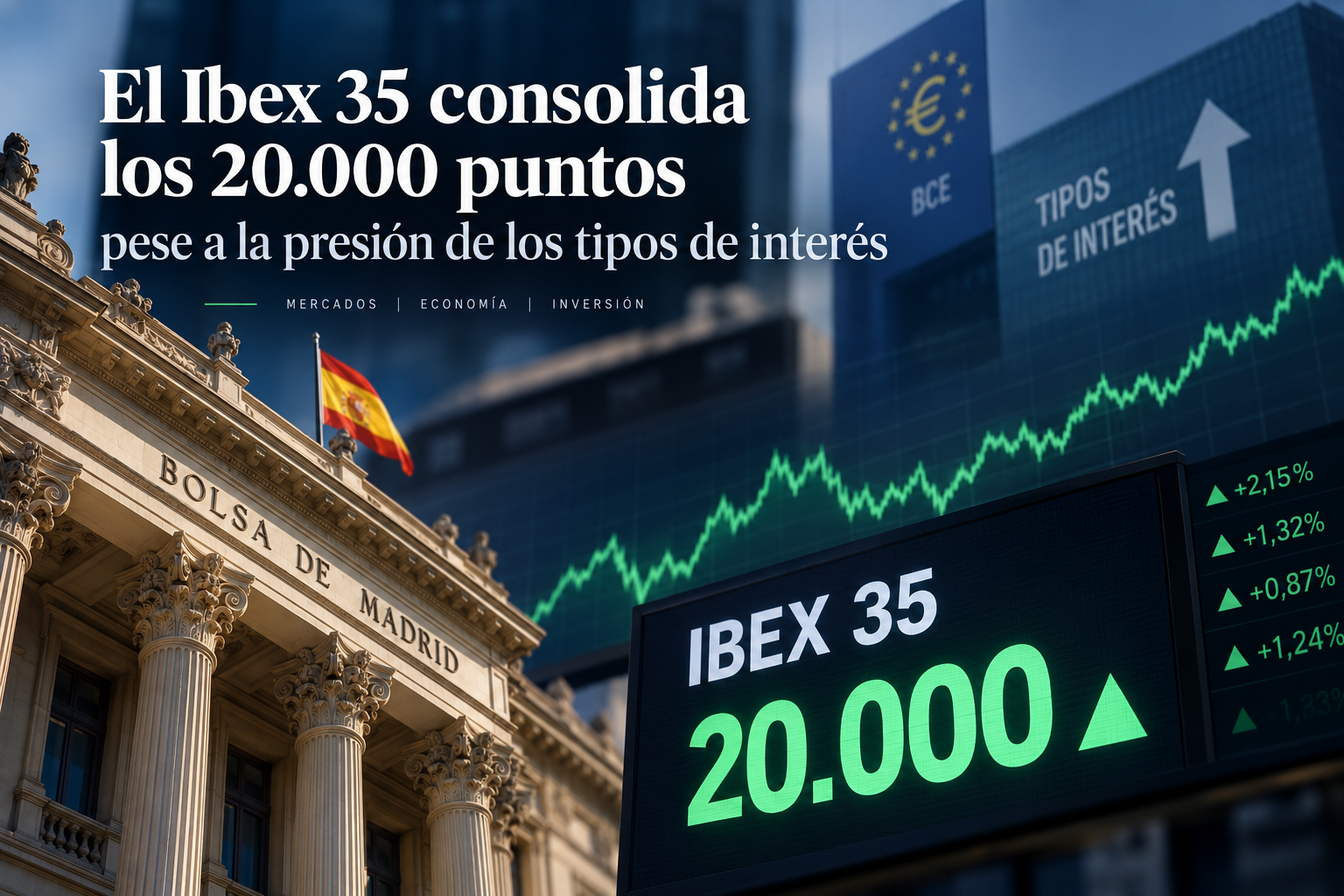 El Ibex 35 consolida los 20.000 puntos pese a la presión de los tipos de interés